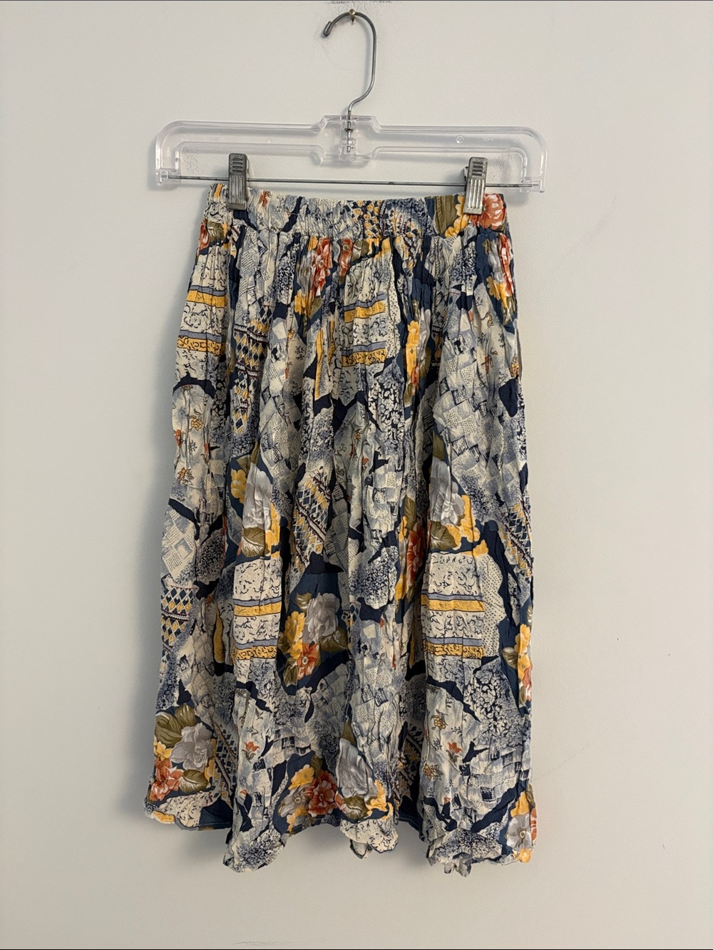 Vintage Lipstick - Floral Patchwork Midi Skirt - Navy & Yellow Size S